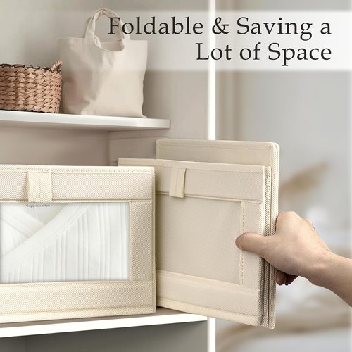 Criusia Closet Organizers - 4 Pack Foldable Linen Baskets with Mesh Windows for Clothing & Toys | Beige