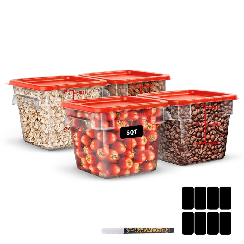 6Qt NSF Food Storage Containers with Lid - 4pcs Food Grade/Heat Resistant/Freezer Safe/Clear Square Storage Containers Set with Scale Handles for Restaurant Home Kitchen Marinade Food Prep, w/ Labels