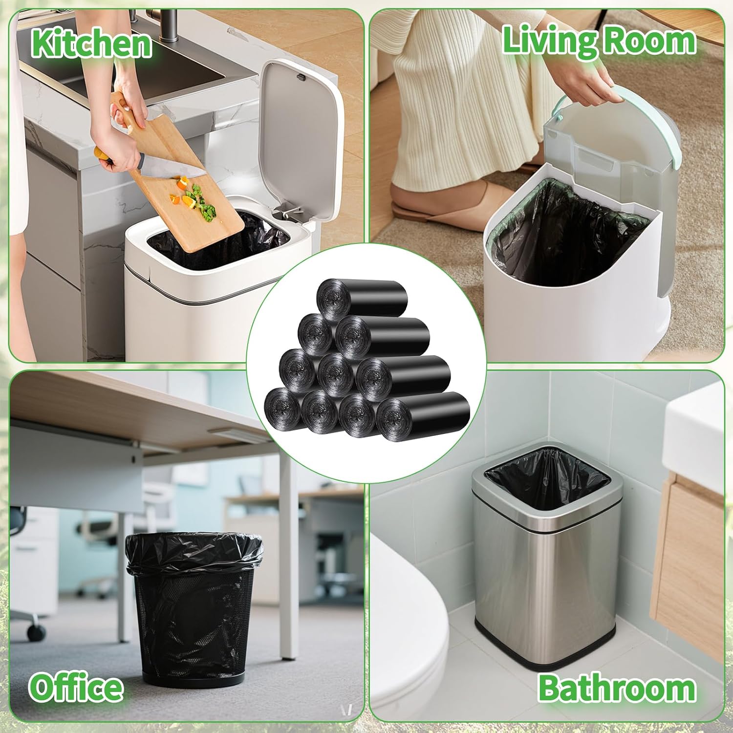 Skiennix 100 Count Small Drawstring Trash Bags - Thick Mini Wastebasket Liners for 4-Gallon Cans | Black