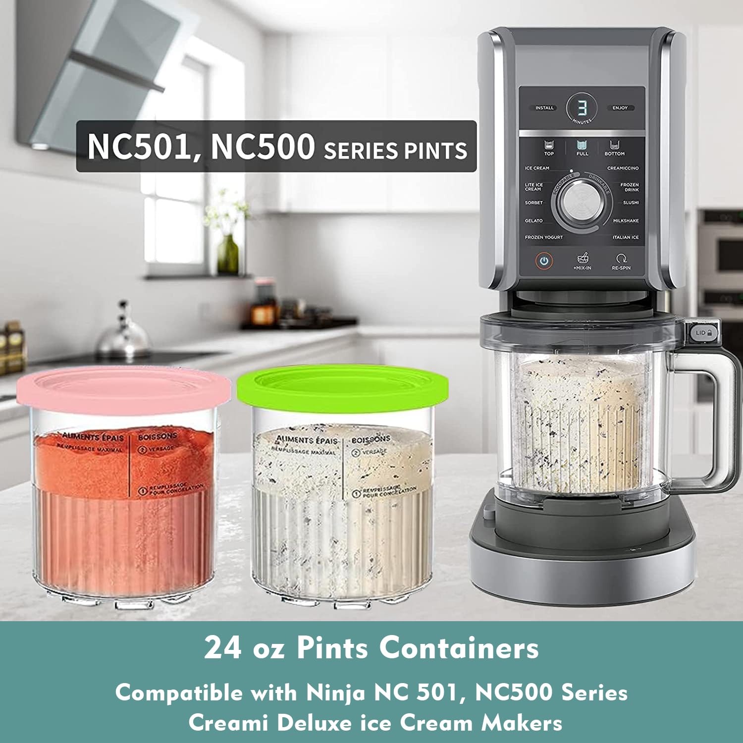 AFDLLDQM Replacement for Ninja Creami Deluxe 11-in-1 XL Pints and Lids - 4 Pack, 24 oz Containers Compatible with Ninja Creami NC501, NC500 Series Ice Cream Maker - Dishwasher Safe