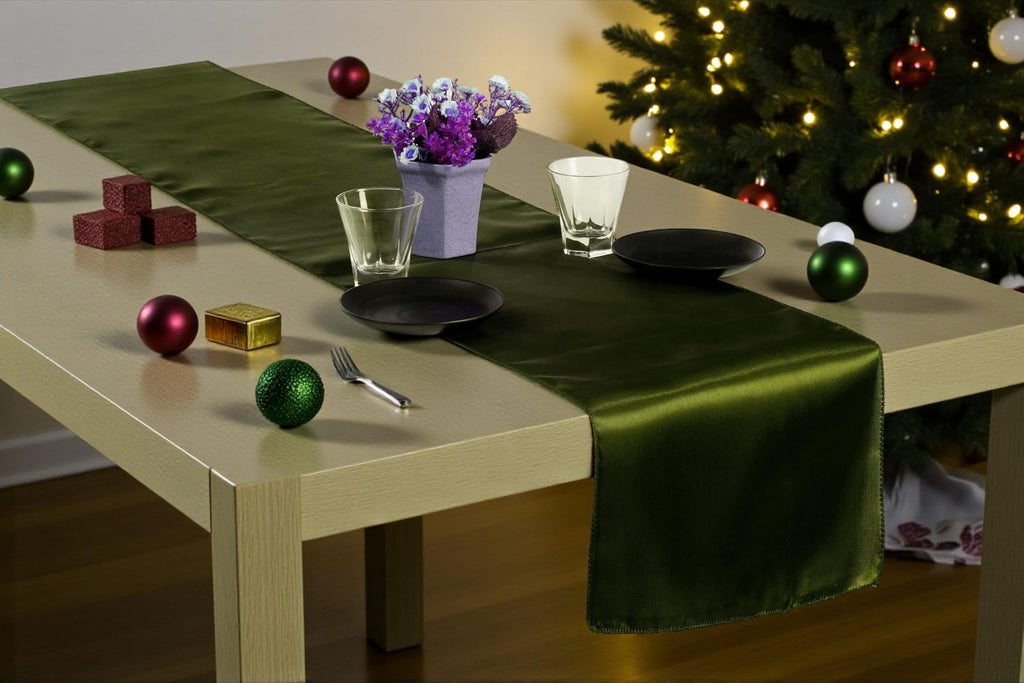 MDS Pack of 10 Satin Table Runners 12 x 108 Inch Long Wedding Sateen Bright Silk Smooth Table Runner for Wedding Reception Birthday Graduation Party Event Banquet Dinner Decoration - Olive Green
