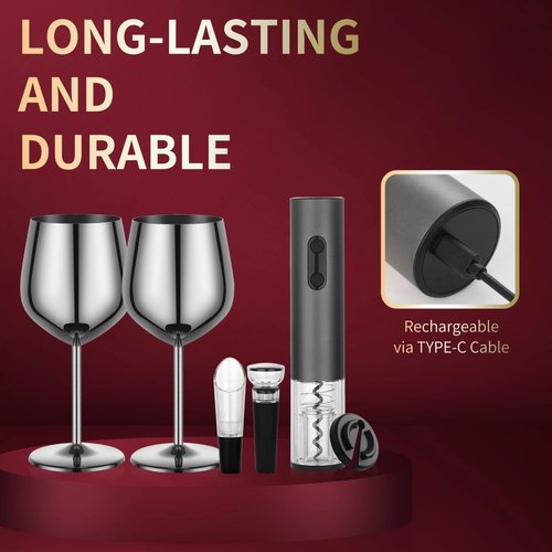 Electric Wine Opener Set Rechargeable, Automatic Corkscrew Kit, Including Stainless Steel Wine Glass of 2, Silver, Ideal Gift for Wedding, Wine Lover, Birthday, Girl, Men