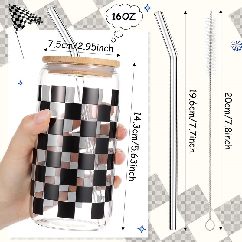Yetene 12 Set 16oz Checkerboard Glass Cups with Bamboo Lids and Straws White Black Checkered Flag Glasses Tumblers Ice Coffee Cup for Racing Car Christmas Party Drink Decoration Gifts for Women