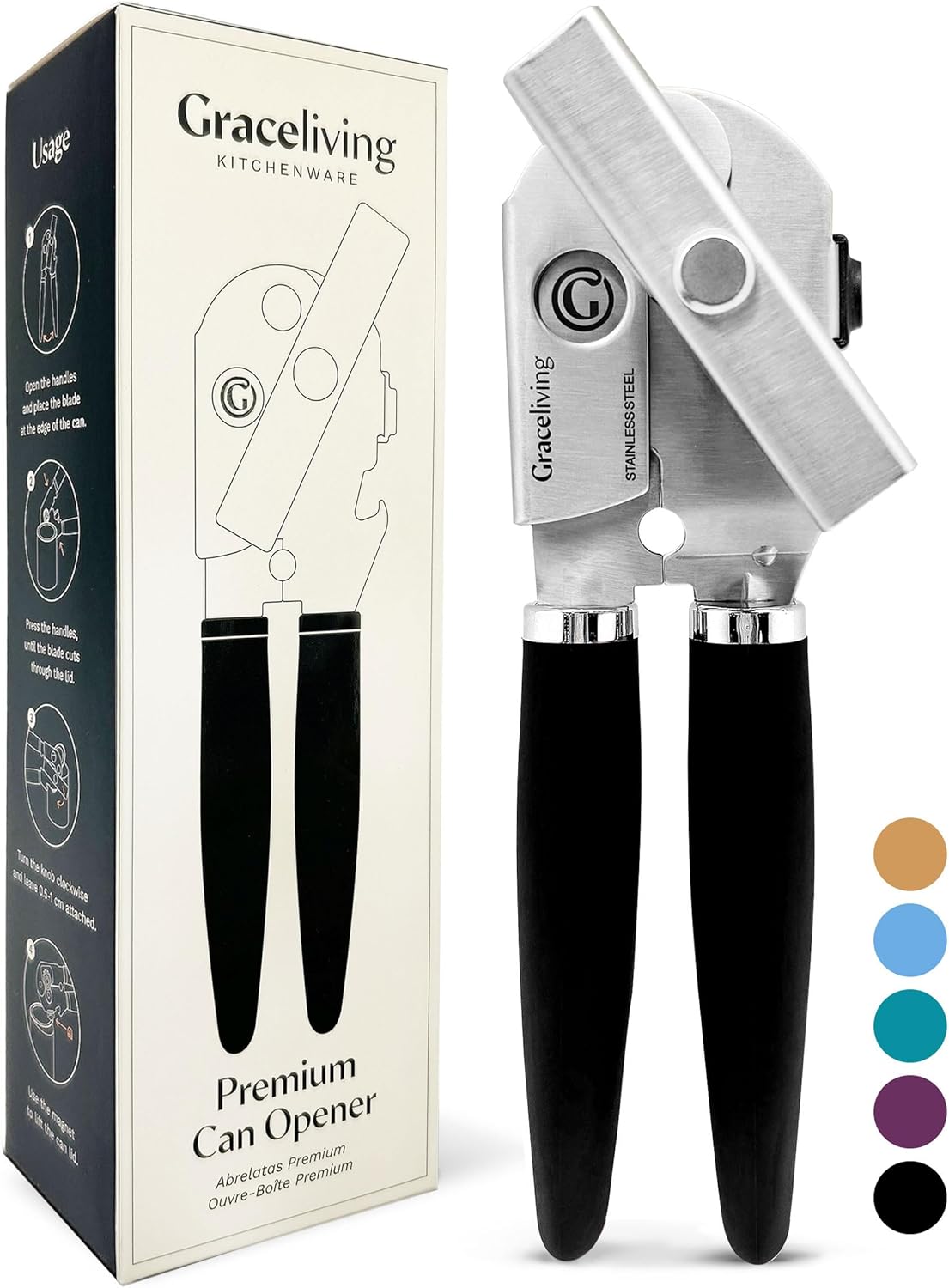 Skiennix Premium Multifunction Magnetic Can Opener - Heavy Duty Stainless Steel with Easy Turn Knob | Black