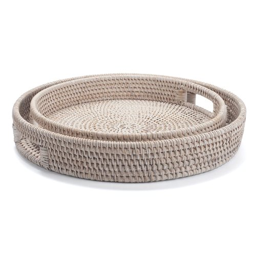 11.8 inch Round Rattan Tray, Decorative Coffee Table Trays, Ottoman Tray, Woven Serving Tray with Handles, Wicker Serving Basket, Whitewash