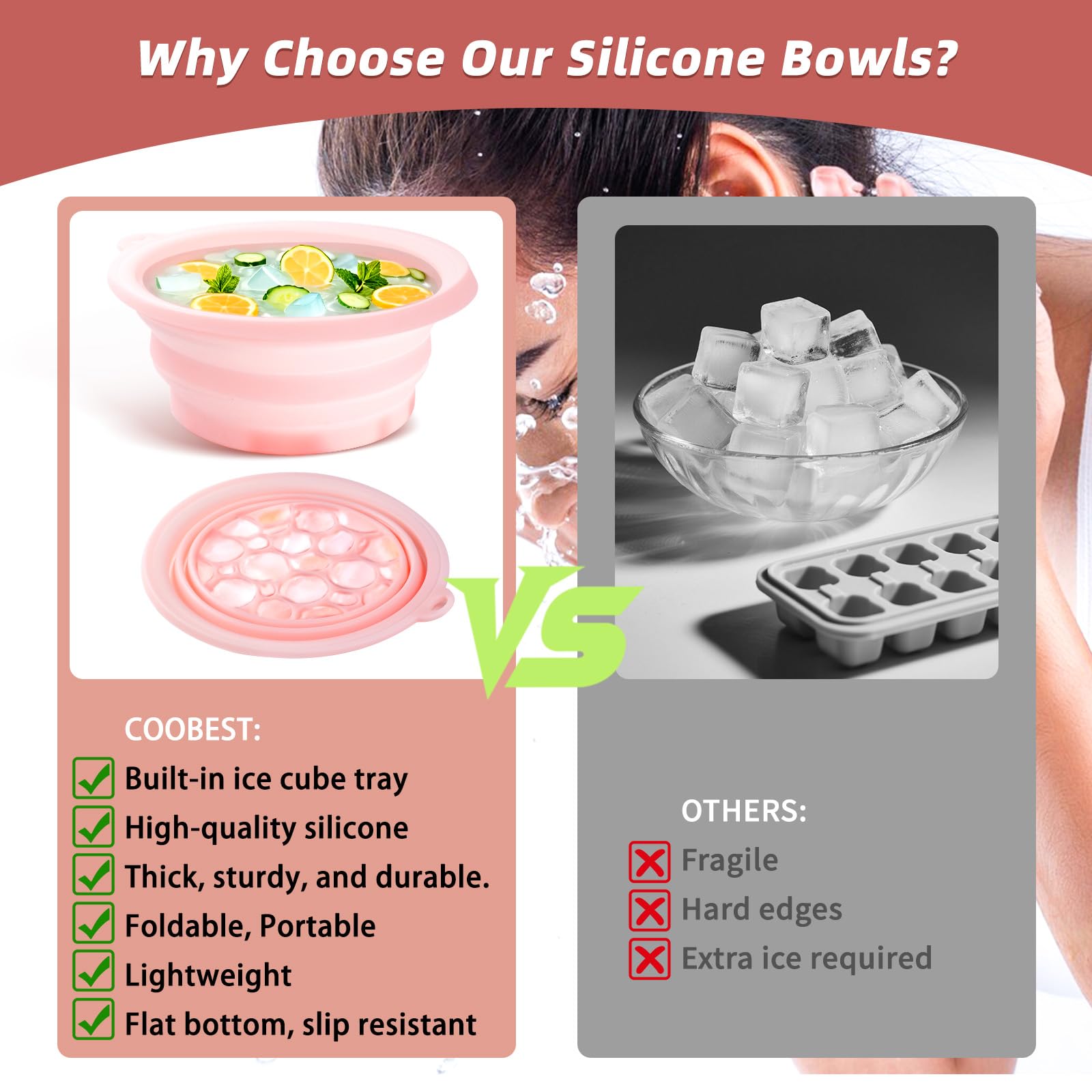 Face Bowl for Ice with Built-In Icetray, Silicone Ice Facial Foldable Washbasin,Ice Bath for Face,Facial Plunge Bowl, Face Icebath at Home, Pink
