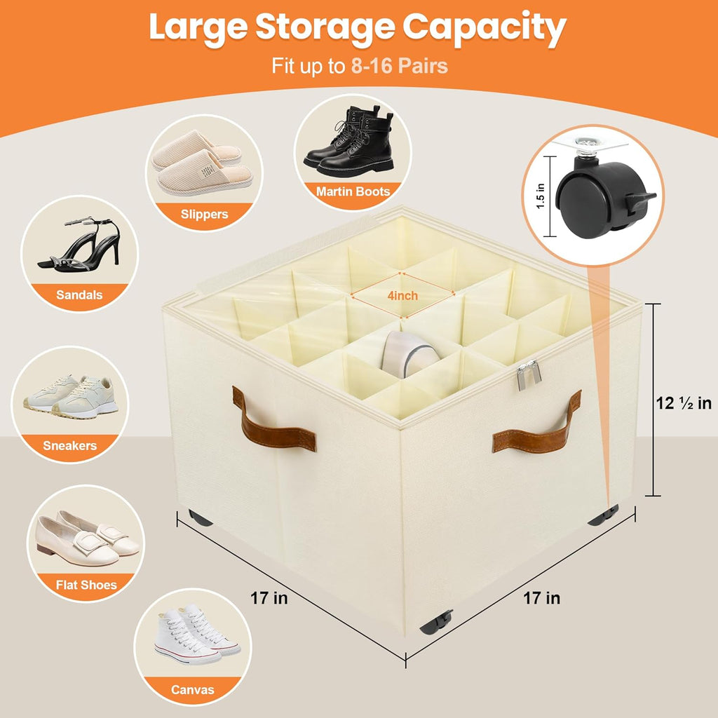 Skiennix Shoe Organizer - Stackable Storage Box with Wheels & Adjustable Dividers | Fits 16-32 Pairs, Beige