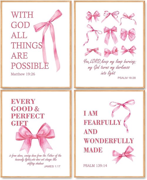 Hapons Coquette Pink Bow Wall Art Decor | Inspirational Bible Verses for Teen Girls' Rooms | 8"x10" Unframed Prints (4 PCS)