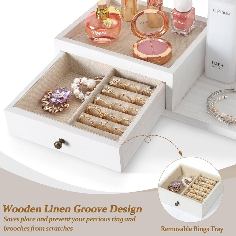 VINAEMO Jewelry Organizer Hanging Wall Mounted Jewelry Holder with Rustic Wood Drawer & Large Capacity Storage Shelf Rack Display for Earrings Rings Necklaces Bracelet(White)
