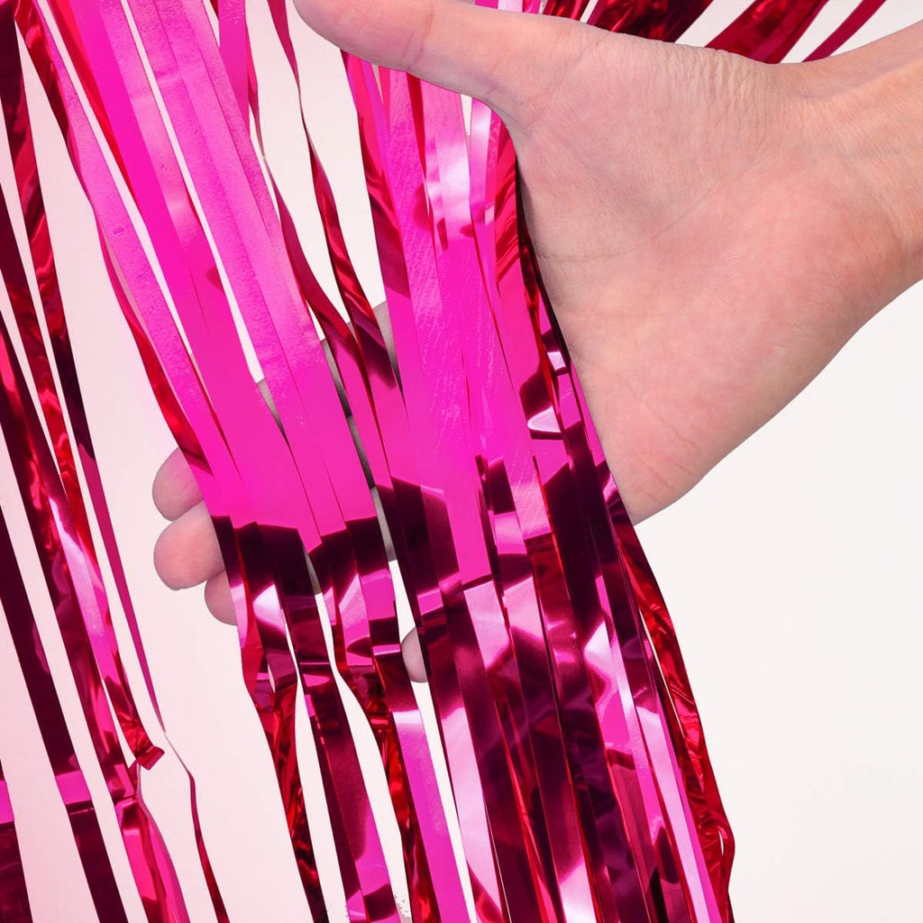 Shiny Hot Pink Metallic Tinsel Foil Fringe Curtains | 2 Pcs 3.2ft x 8.2ft Backdrop for Parties & Celebrations