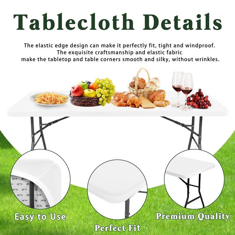 10 Pack Picnic Table Cover Fitted Tablecloths 6 Foot Rectangle Tables Elastic Waterproof Stretch Washable Patio Folding Outdoor Spandex Table Cloth for Camping Banquet and Parties (White,30" x 72")
