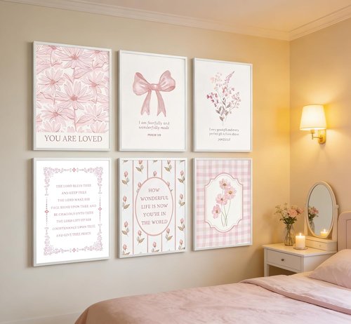 CBLIORUD Pink Christian Flower Canvas Wall Art - 6Pcs Bible Verse Decor for Girly Bedroom & Nursery