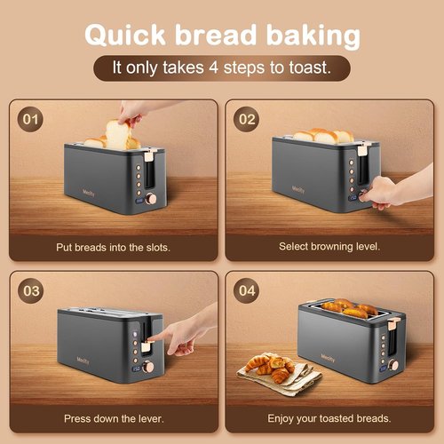 Mecity 4-Slice Long Slot Toaster - Extra Wide Slots, 6 Browning Settings, Timer & Warming Rack | Stainless Steel, Grey