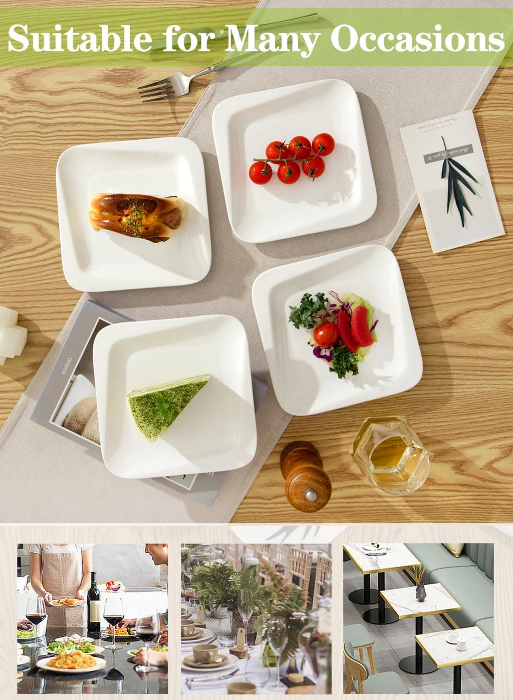 TAMAYKIM 7.3 Inch Porcelain Dessert Plates 10 Pieces, Appetizer Plates, Square Salad Dinnerware Sets, Scratch Resistant, Microwave, Oven and Dishwasher Safe, White