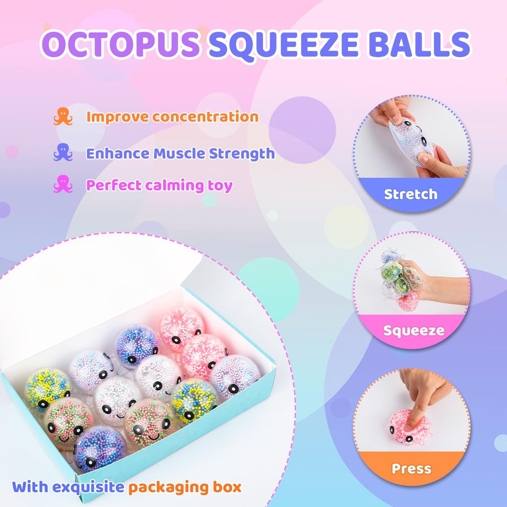 Skiennix Fidget Stress Balls - 12 Pack Cute Octopus Squeeze Balls for Stress Relief & Party Favors