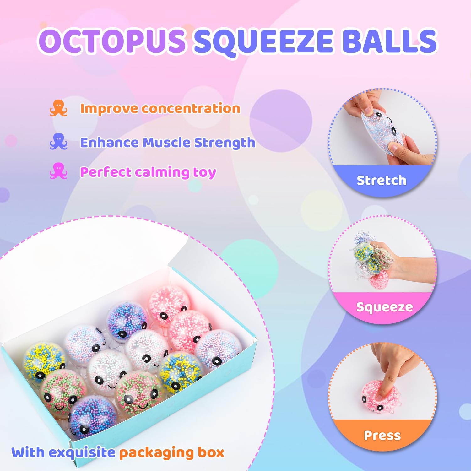 Skiennix Fidget Stress Balls - 12 Pack Cute Octopus Squeeze Balls for Stress Relief & Party Favors