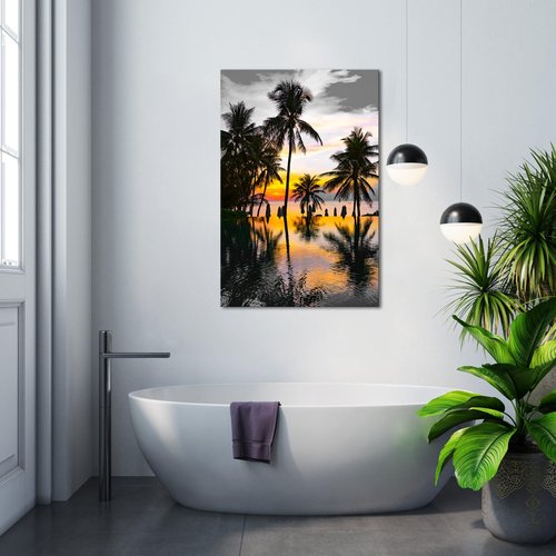 OuElegent Palm Tree Canvas Wall Art Infinity Pool Sunset Landscape Picture Print Seascape Artwork For Hotel Home Living Room Bathroom Decor