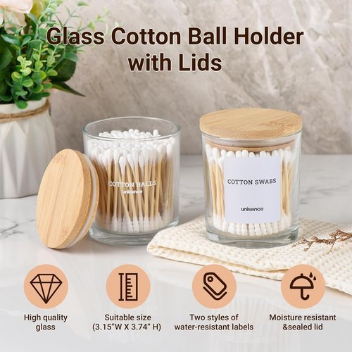 Glass Qtip Holder Set by [Brand Name] - 2 Pack Bathroom Organizer with Lid for Cotton Swabs & Makeup Storage