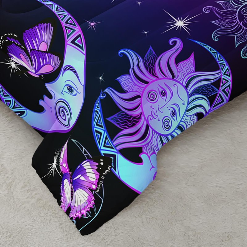 Ntlfup Sun and Moon Comforter Set, Queen Size Butterfly and Star Bedding Set for Girls, 3D Printed Bohemian Gothic Duvet with 2 Pillowcases