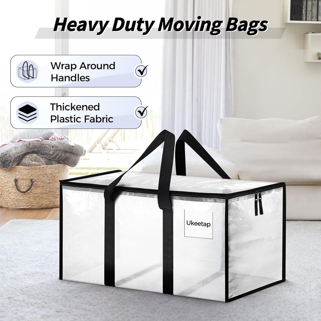 Skiennix Extra Large Heavy-Duty Moving Bags - Clear Storage Totes with Reinforced Handles & Zippers | 8 Pack