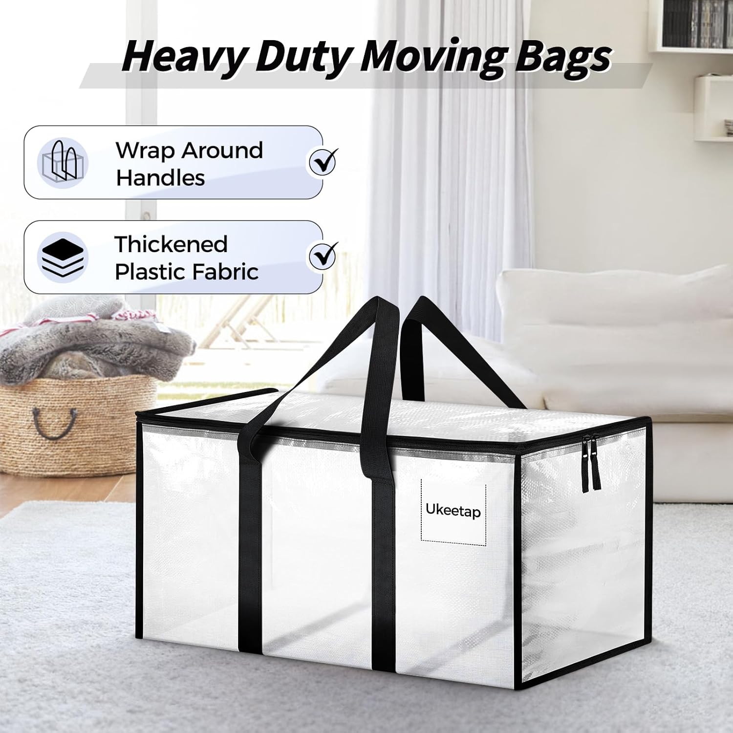 Skiennix Extra Large Heavy-Duty Moving Bags - Clear Storage Totes with Reinforced Handles & Zippers | 8 Pack