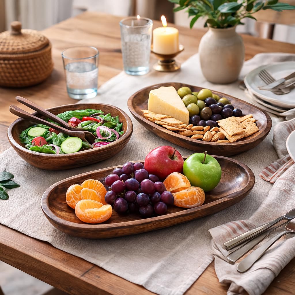 collectiblesBuy Handmade Rustic Brown Wooden Serving Platter Set of 3 Durable Trays for Salad, Snacks, Fruits, Kitchen Décor, Farmhouse Tableware