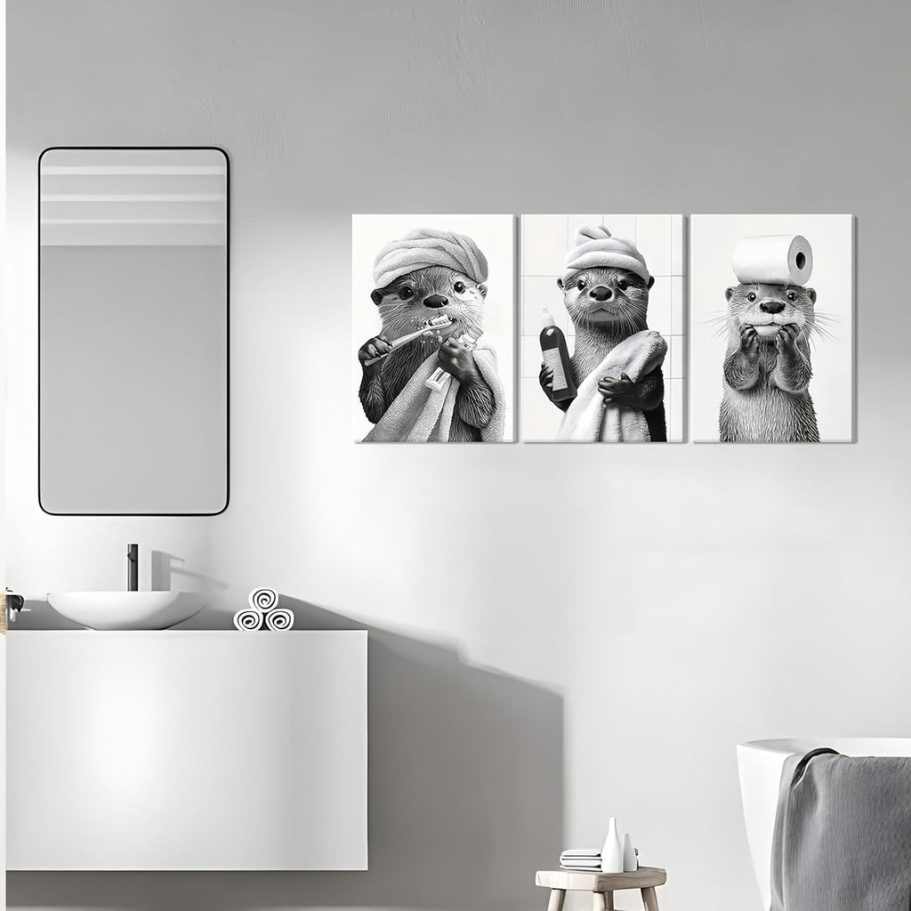 Otter Canvas Wall Art Set by Cute Bathroom | Funny Black and White Prints for Farmhouse Decor | 12x16 Inch