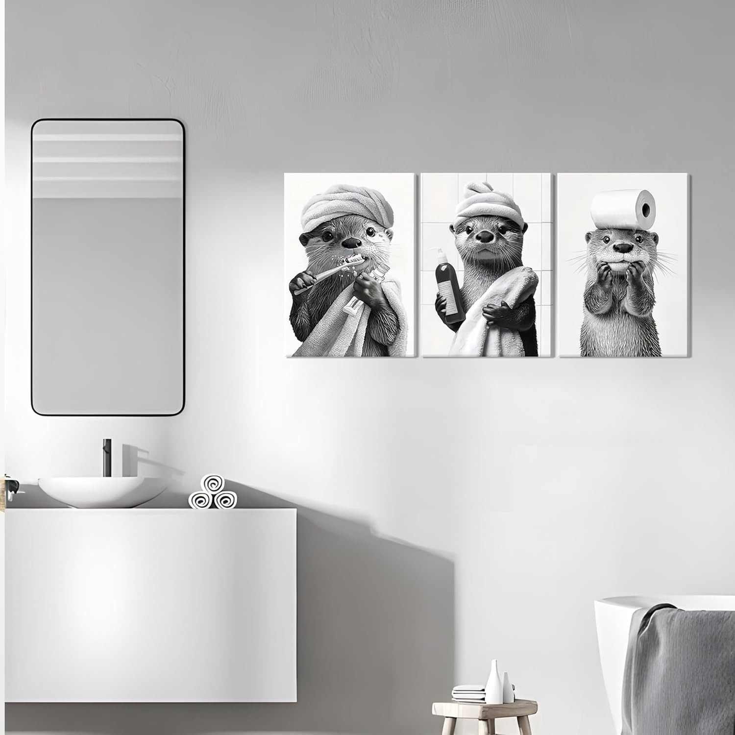Otter Canvas Wall Art Set by Cute Bathroom | Funny Black and White Prints for Farmhouse Decor | 12x16 Inch