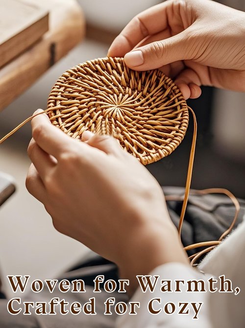 6pcs Natural Handmade Rattan Coasters with Holder - Wicker Drink Coasters Set for Protecting Table, Housewarming Gifts Boho Home Decor