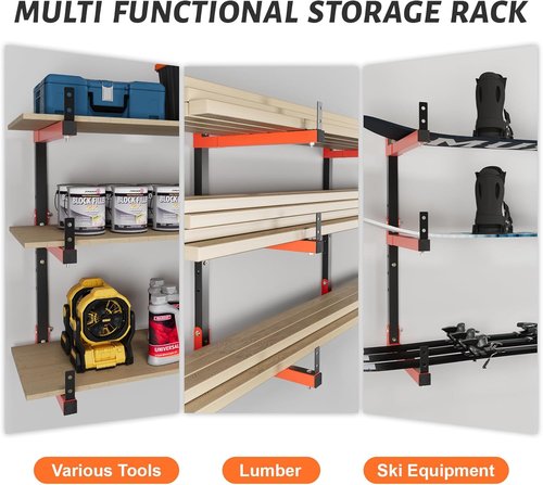 27-Inch Lumber Storage Rack by [Brand Name] - Adjustable 6-Hole Wall Mount Metal Shelves for Garage (4 Pack)