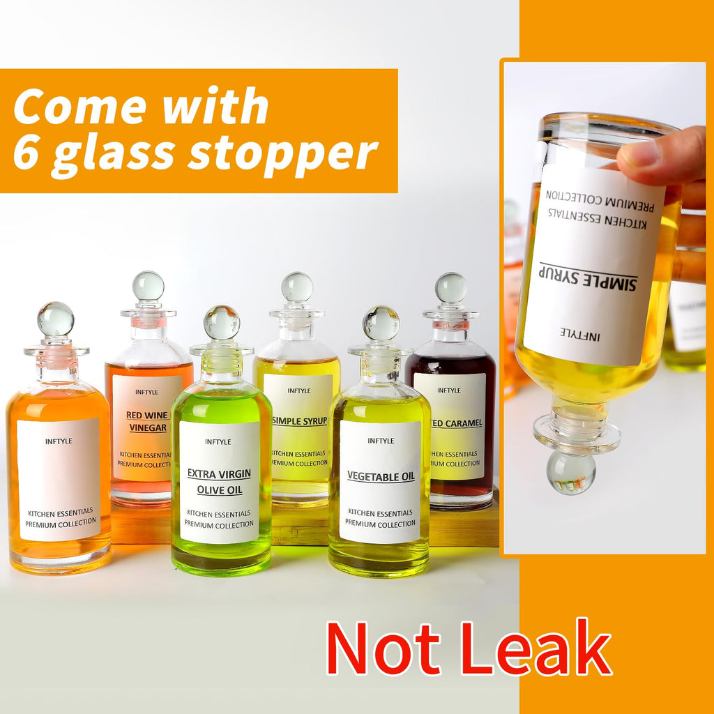 INFTYLE Olive Oil Dispenser Bottle Glass Coffee Syrup Bottles Set of 6 Cooking Oil bottles for kitchen, with Pourer Spout, Sealing Stopper, Labels, Funnel, Cleaning Brush (12 oz)