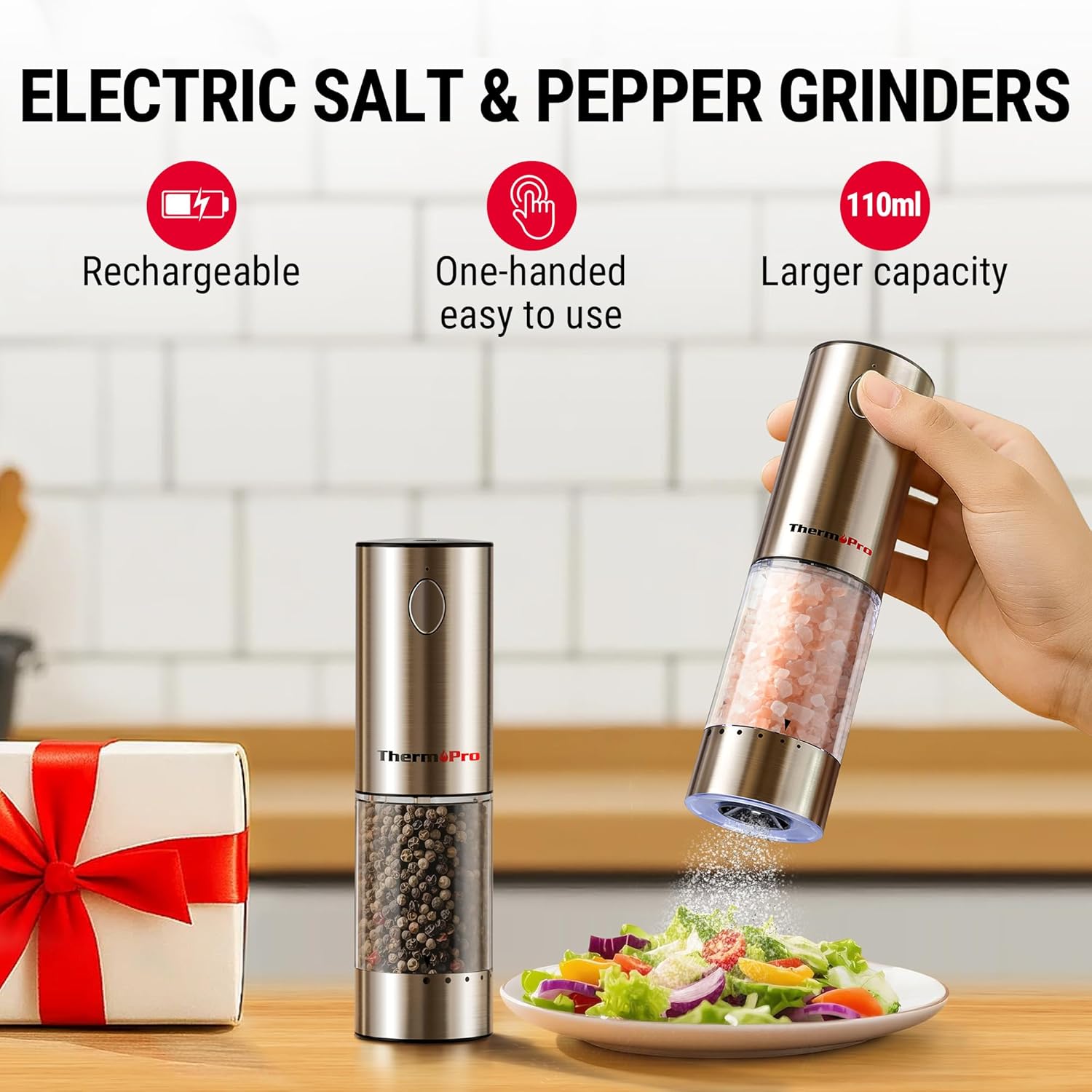 ThermoPro TP19H Digital Meat Thermometer - Ambidextrous Backlit Display for Precise Cooking | Rechargeable Salt and Pepper Grinder Set