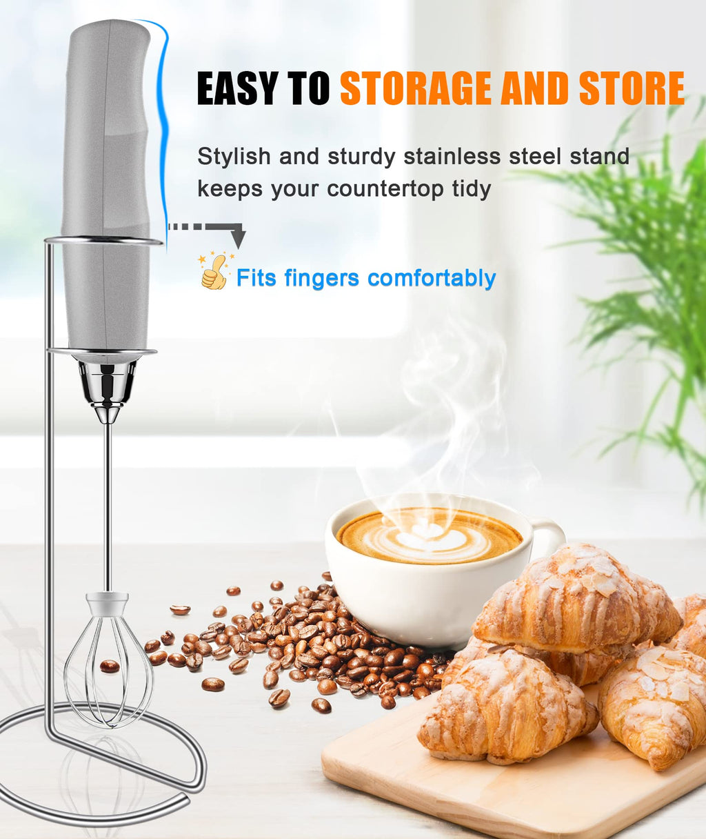 YUSWKO Rechargeable Milk Frother for Coffee with Stand, Handheld Drink Mixer with 3 Heads 3 Speeds Electric Stirrers for Latte, Cappuccino, Hot Chocolate, Egg
