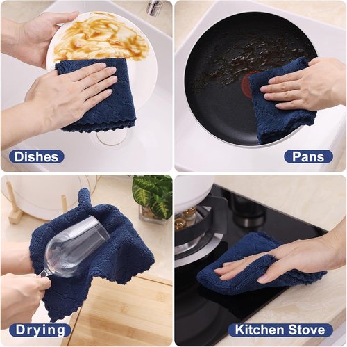 Homaxy Kitchen Dish Cloths - 12 Pack Super Soft & Absorbent Coral Velvet | 10x10 Inches, Navy Blue