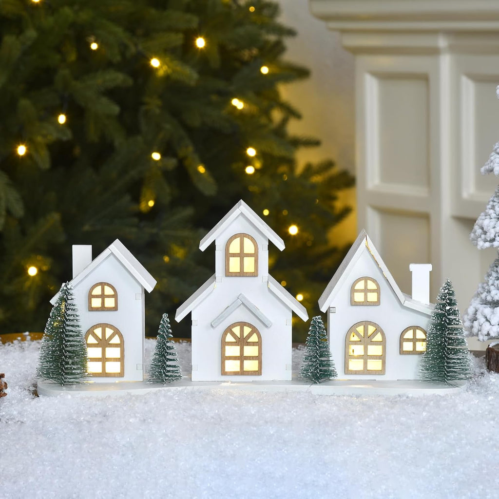 Skiennix White Christmas Village House Decoration - LED Lights & Wooden Centerpiece | Mini Winter Town Tabletop Decor