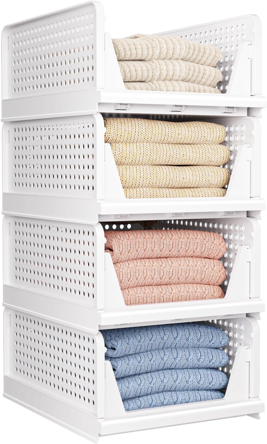 Skiennix Folding Closet Organizers - Stackable Storage Bins for Wardrobe & Office | White - 4 Pack