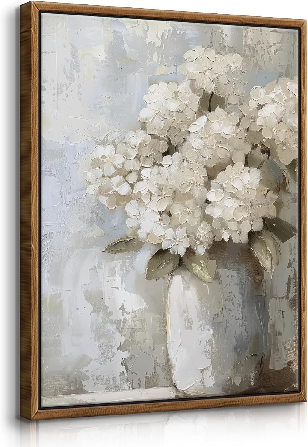 QWETTY666 Framed White Hydrangea Wall Art - Vintage Floral Canvas Print for Bathroom | 16x24in Ready to Hang