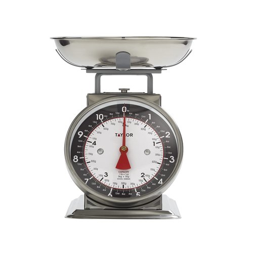 Taylor Mechanical Kitchen Food Scale with Bowl, Weighs Up to 11lbs, Measures in Grams and Ounces, Analog Cooking Scale for Baking, Black and Silver