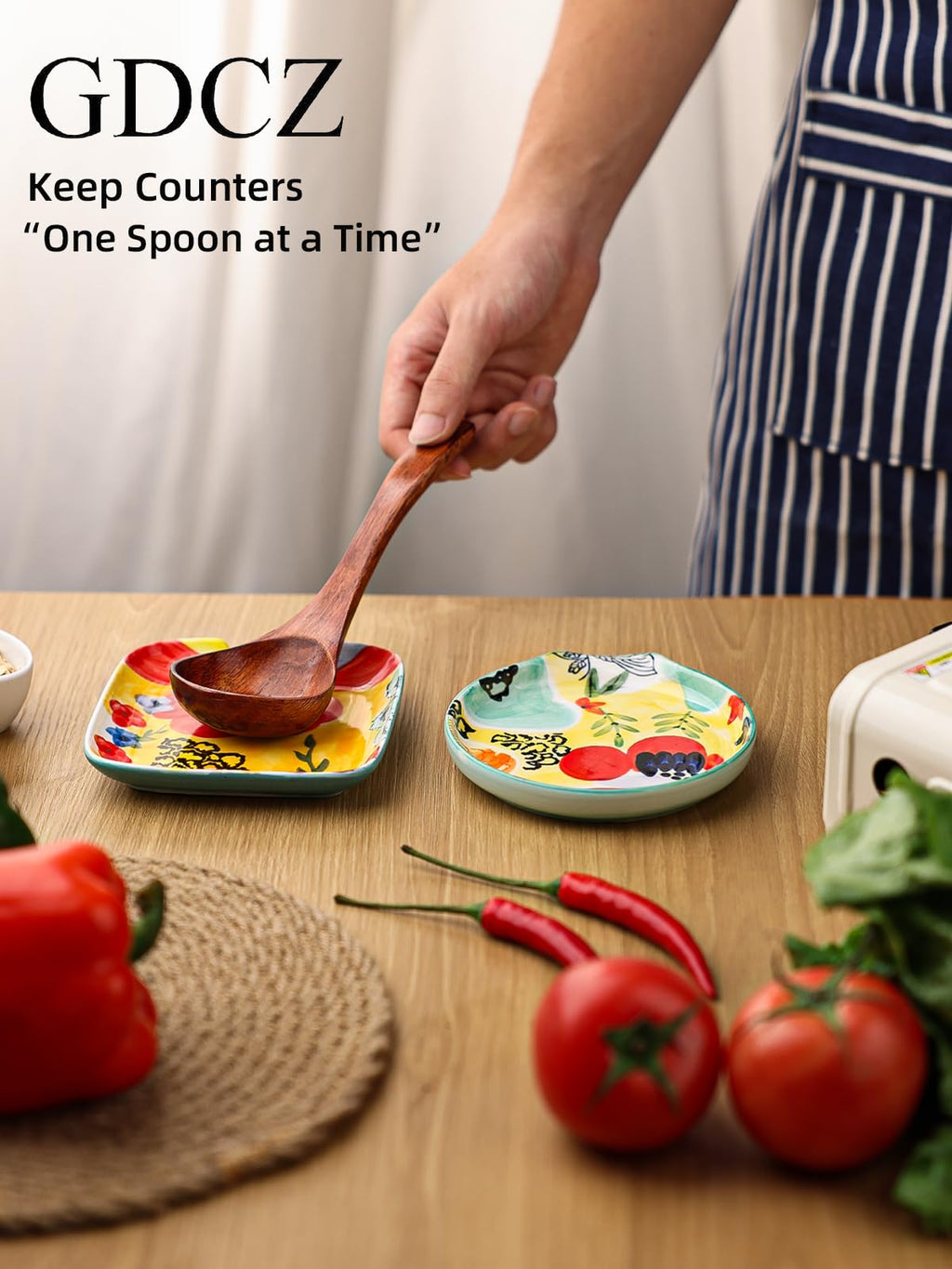 Colorful Hand Painted Spoon Rest 4.75 Inches Ceramic Spoon Holder for Kitchen Counter Stove Top, Dishwasher Safe, Multicolor (Set of 2)