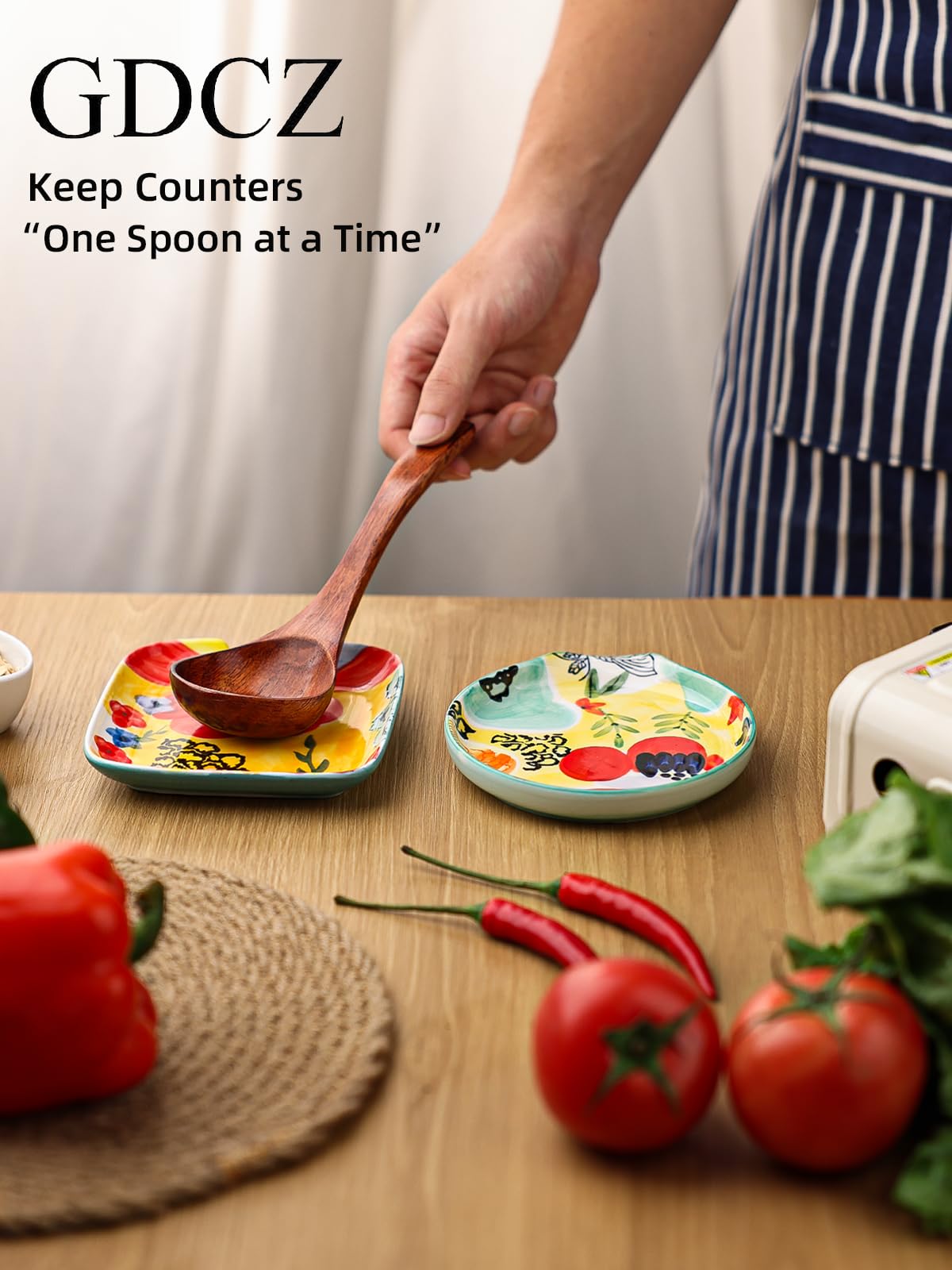 Colorful Hand Painted Spoon Rest 4.75 Inches Ceramic Spoon Holder for Kitchen Counter Stove Top, Dishwasher Safe, Multicolor (Set of 2)