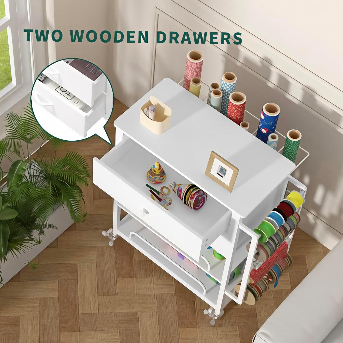 Skiennix Wrapping Paper Organizer - Stylish Craft Cart with Ribbon & Gift Bag Storage | White with 2 Drawers