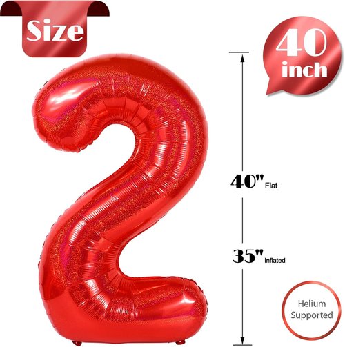 Laser Red Number 2 Balloon - 40 Inch Birthday Decoration for Second Birthday Party Supplies