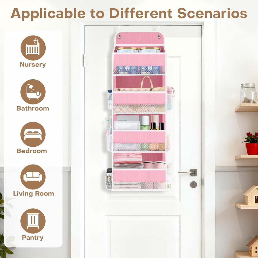SpaceWhisper Over The Door Organizer - 4 Large Pocket Hanging Storage For Nursery & Bathroom (Pink)