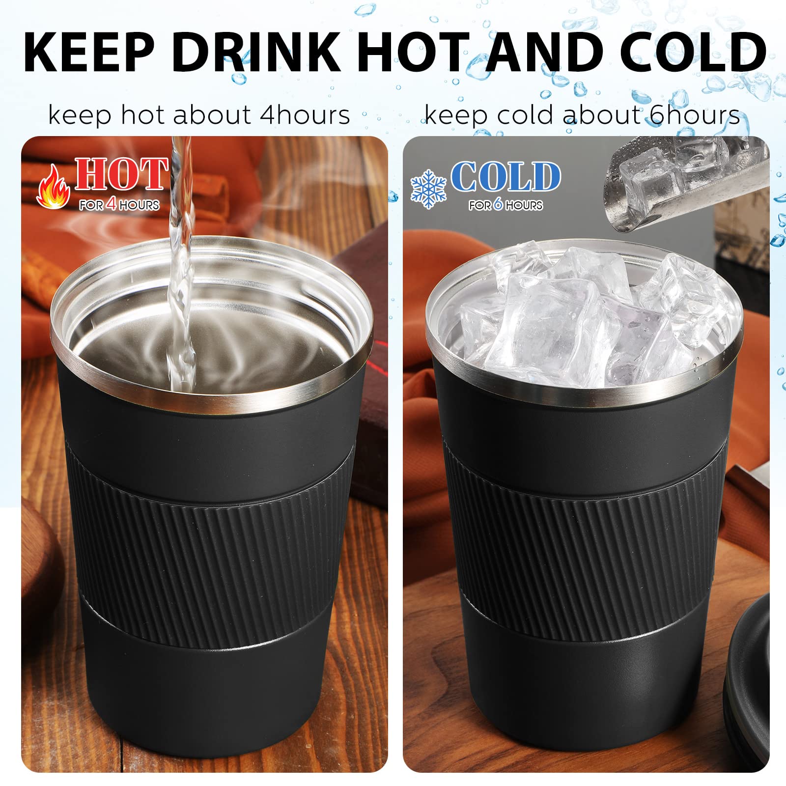 Sabary 4 Pack 16 oz Bulk Travel Coffee Mug with Lid Reusable Vacuum Insulated Coffee Tumbler Double Wall Thermal Stainless Steel Camping Tea Cup for Christmas Winter Drinks Employee Gift(Black)