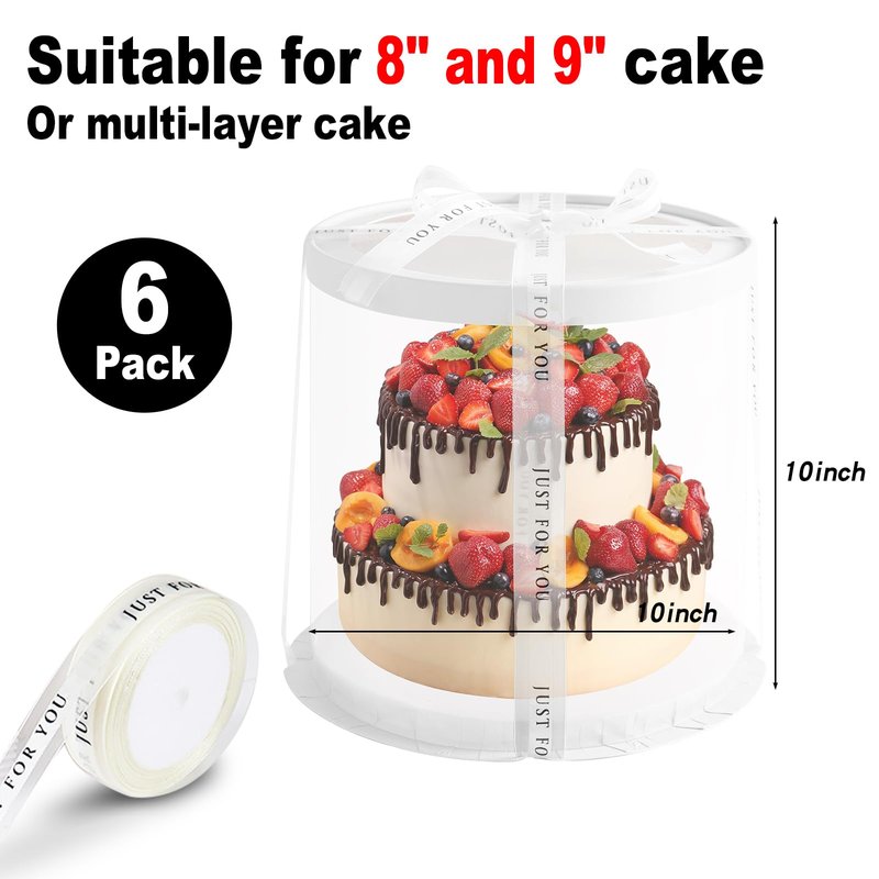 JCD Black Multi-Layer 10 * 10 Inch Round Clear Cake Boxs with Ribbon,6 Pack Tall Transparent Packaging Cake Containers PET Cake Carrier Box for Birthday (Black, Round 10inch/6pcs)