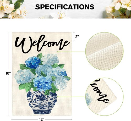 AVOIN Colorlife Garden Flag - Spring Hydrangea Floral Design, 12x18 Inch, Double-Sided, Blue & White