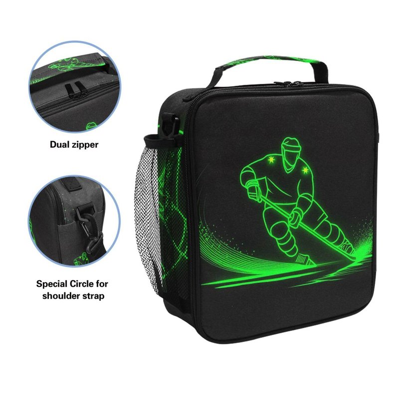 Pfrewn Hockey Player Lunch Box for Kids Green Neon Hockey Sport Insulated Lunch Bag Reusable Cooler Meal Prep Bags Lunch Tote with Shoulder Strap for Boys Girls School Office Adult