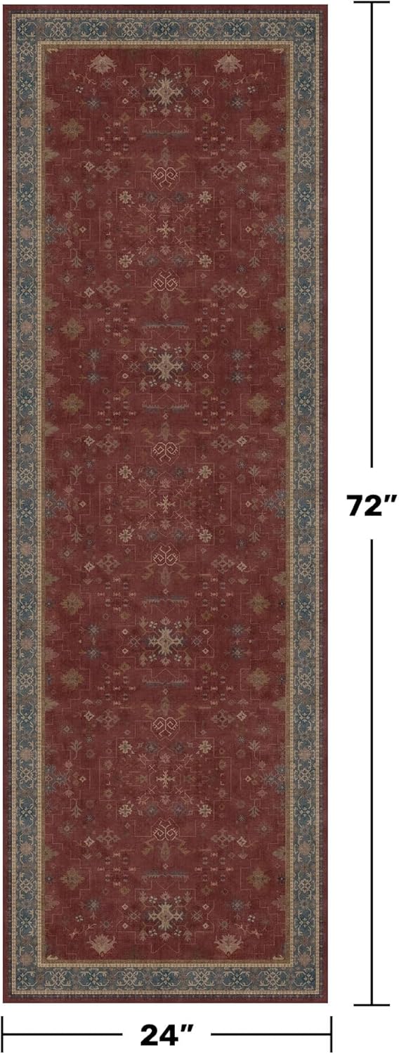 Turkish Kitchen Runner Rugs - Non-Skid Washable Design for Hallway, Bedroom & Bathroom | Dark Red