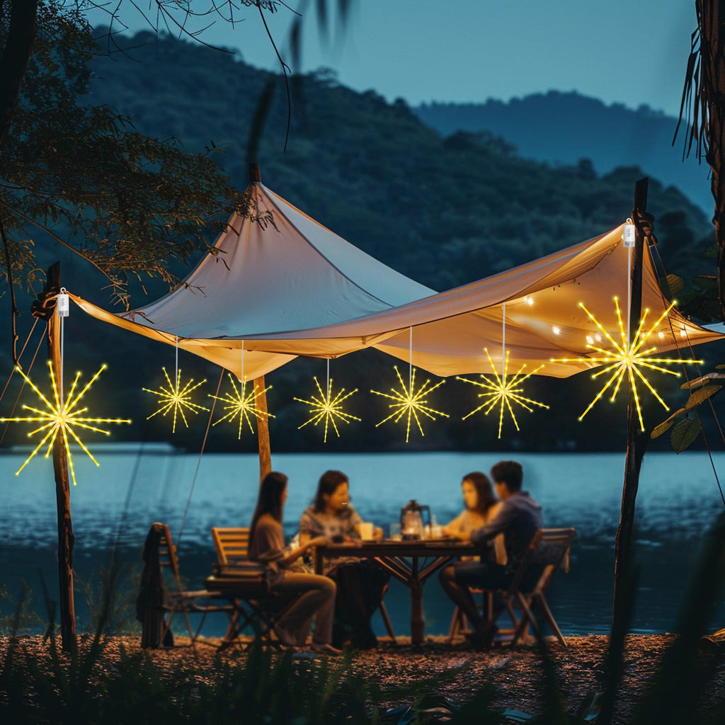 Tiandirenhe 2 Pack 224 LED Hanging Starburst Light, Firework Fairy Starburst String Lights Hanging Star Lights with Remote, 8 Lighting Modes Operated, Starry Light for Garden Party Christmas(Yellow)