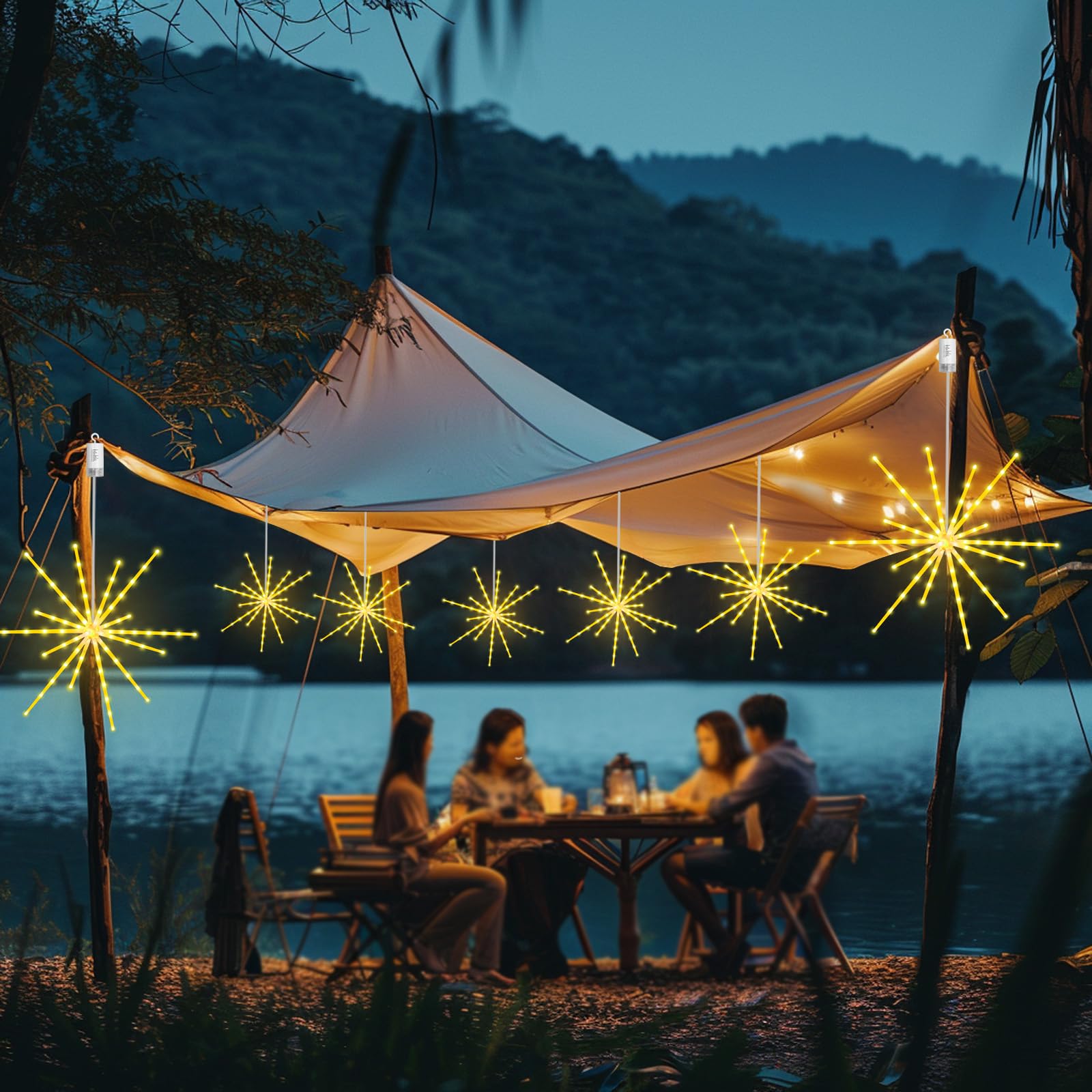 Tiandirenhe 2 Pack 224 LED Hanging Starburst Light, Firework Fairy Starburst String Lights Hanging Star Lights with Remote, 8 Lighting Modes Operated, Starry Light for Garden Party Christmas(Yellow)